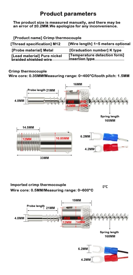 K Type Thermocouple Temperature Sensor Bayonet Compression Spring with Cable - Image 2 of 4