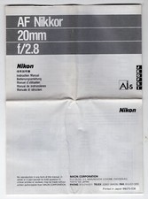 Nikon AF Nikkor 20mm f/2.8 Camera Lens Instruction Manual / User Guide
