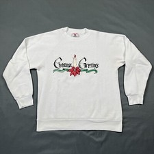 Vintage 90s Made In USA White Christmas Crewneck Sweatshirt Raglan Large