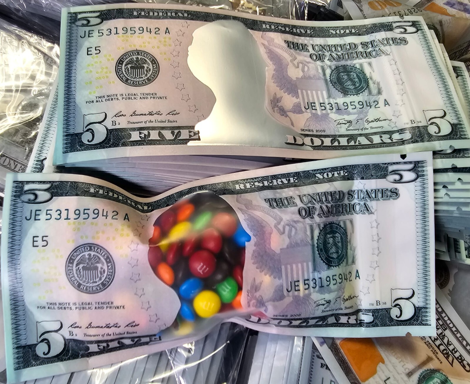 50-Pack 3.5g Mylar Bags Money Prop| Resealable | $5 Bill Prop Snack Craft bags