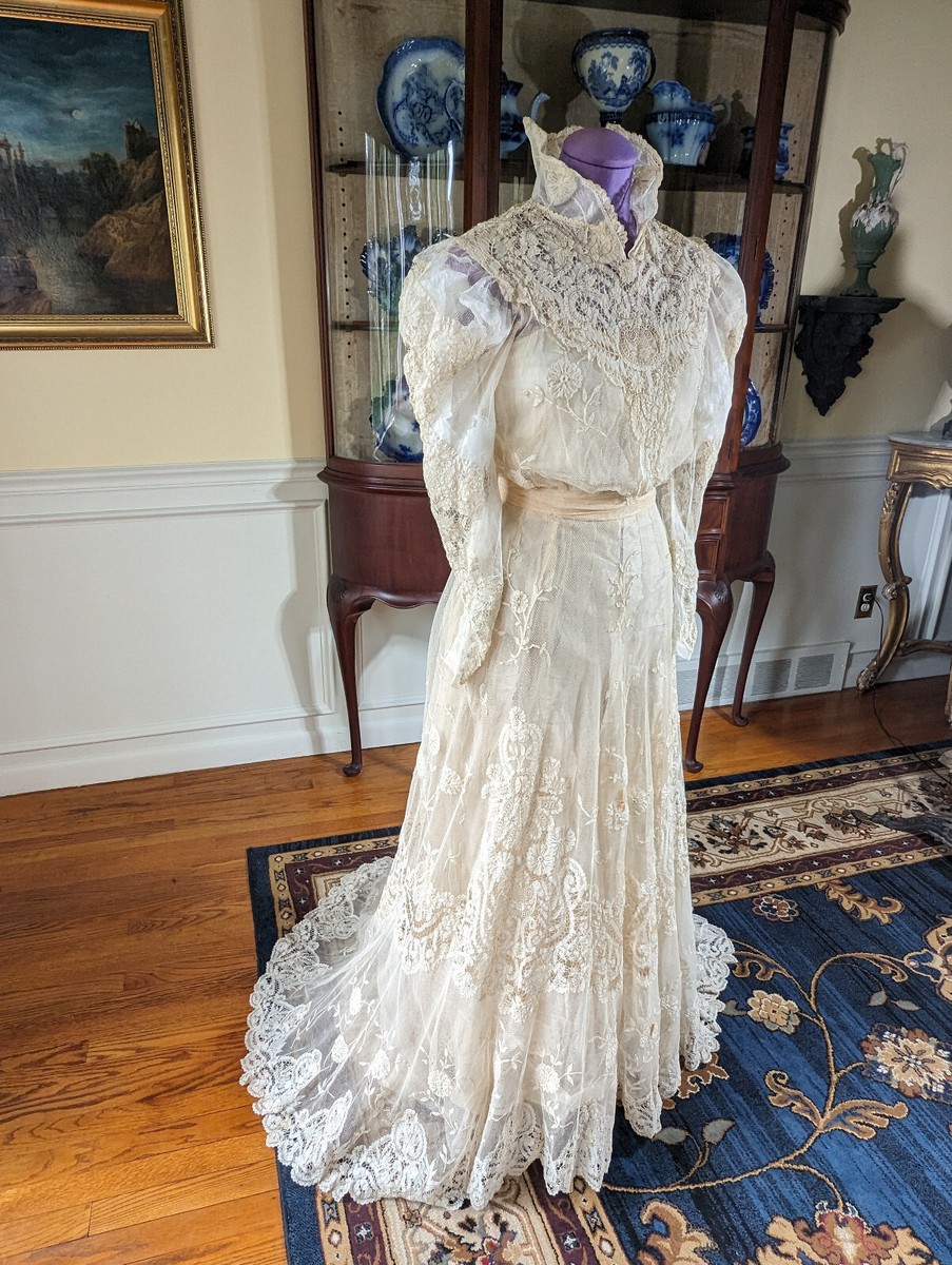 Exquisite Antique ca 1900 Victorian Edwardian Princess Lace Wedding Gown Dress | eBay Exquisite Antique ca 1900 Victorian Edwardian Princess Lace Wedding Gown Dress | eBay