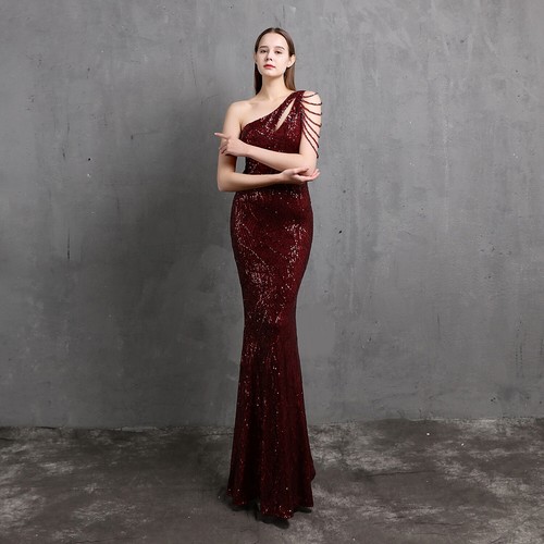 Women One Shoulder Sequins Evening Dress Beading Sleeve Formal Prom Bodycon - Picture 22 of 24