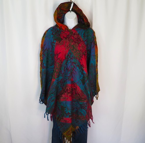 Poncho| 2 Button|Fringe| Hood+Pocket|Boho| MT | Yak Wool Blend|1 Size| Red/Blue - Picture 7 of 8