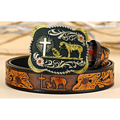 Praying Cowboy Cross Belt Buckle - Western Christian Faith, Made in USA Western Standard Buckle with Praying Cowboy | Montana  main image 2