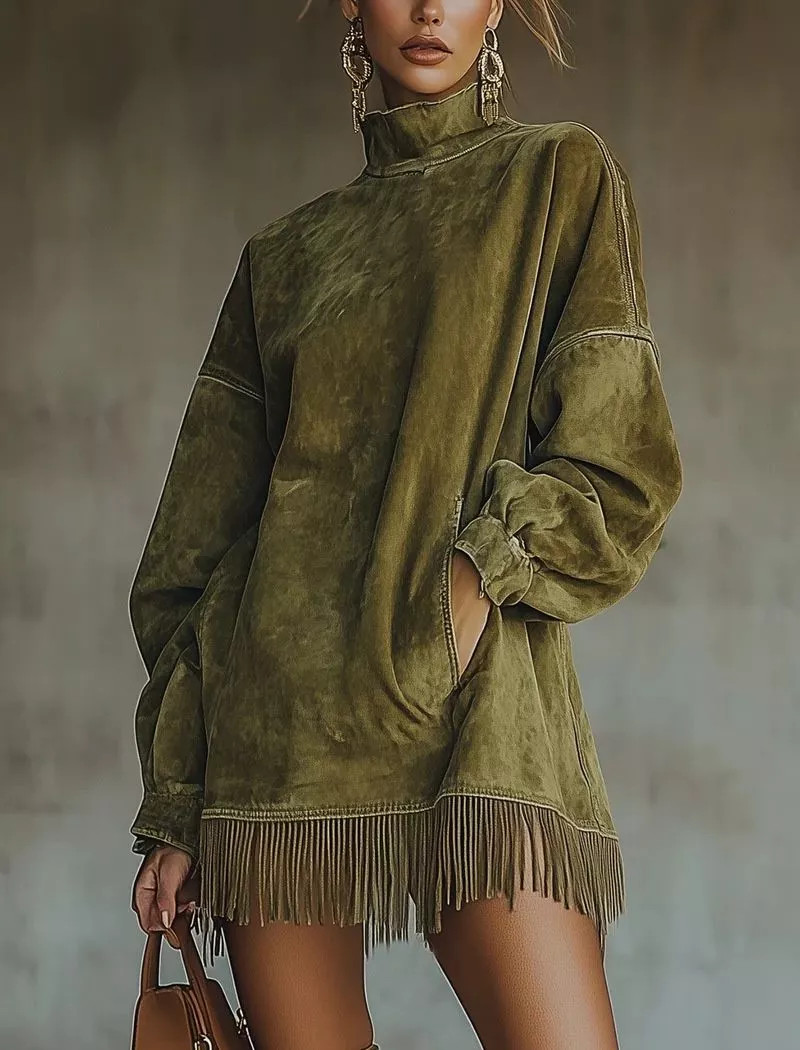 Vestido Mujer Oversize con Flecos Y Cuello Alto Verde Oliva Traje Casual CF63480