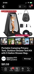 Portable Black Camping Shower Tent Kit w/ 5 Gal Bag, Head, Hose 79in