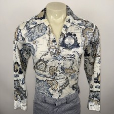 Vtg 60s 70s Spire Disco Shirt Mens Map Print Nik Hippie Polyester AOP Mod Large