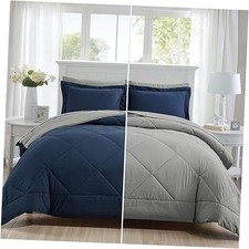 Comforter Set 7 Pieces Bed in a Bag, Full/Reversible Bed Queen Navy Blue grey
