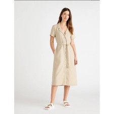 Quince 100% European Linen Button Down Midi Dress Sand Beige Short Sleeve M