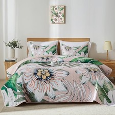 King Quilt Bedding Set,White King/Cal King 96"x110" Blush White Botanical