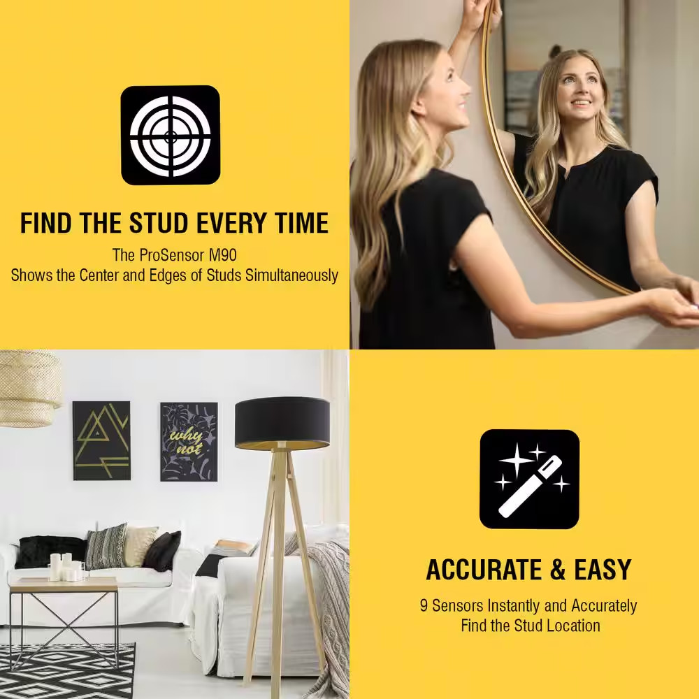 Prosensor M90 Full Width Center and Edge Stud Finder with 9-Sensors, Wood & Meta