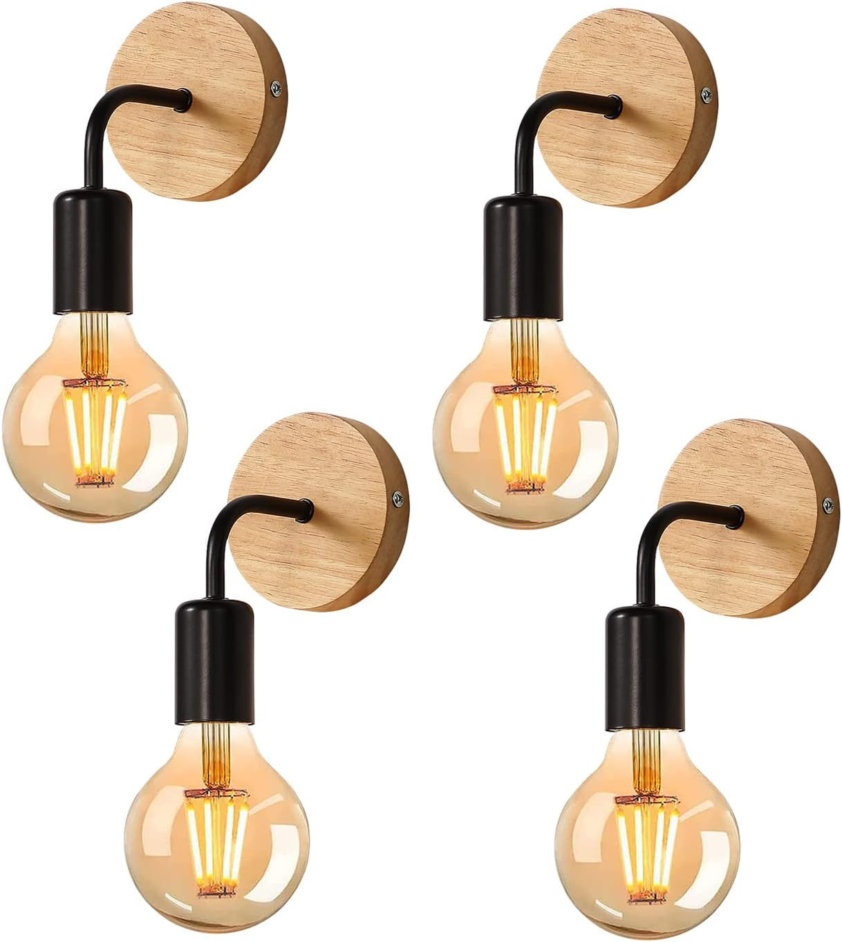 Set 4 Lampade Parete Legno Vintage | Applique Retrò E27 per Interni