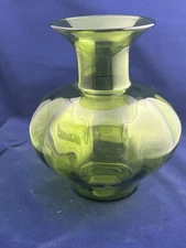 Large Blenko Olive Green Bulbous Handblown Ribbed Optic 12” Tall 10” Wide