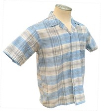 Vintage 60s Men's SS Dacron/Cotton Blue Linear "Atomic" Plaid Camp Shirt Sz S/M