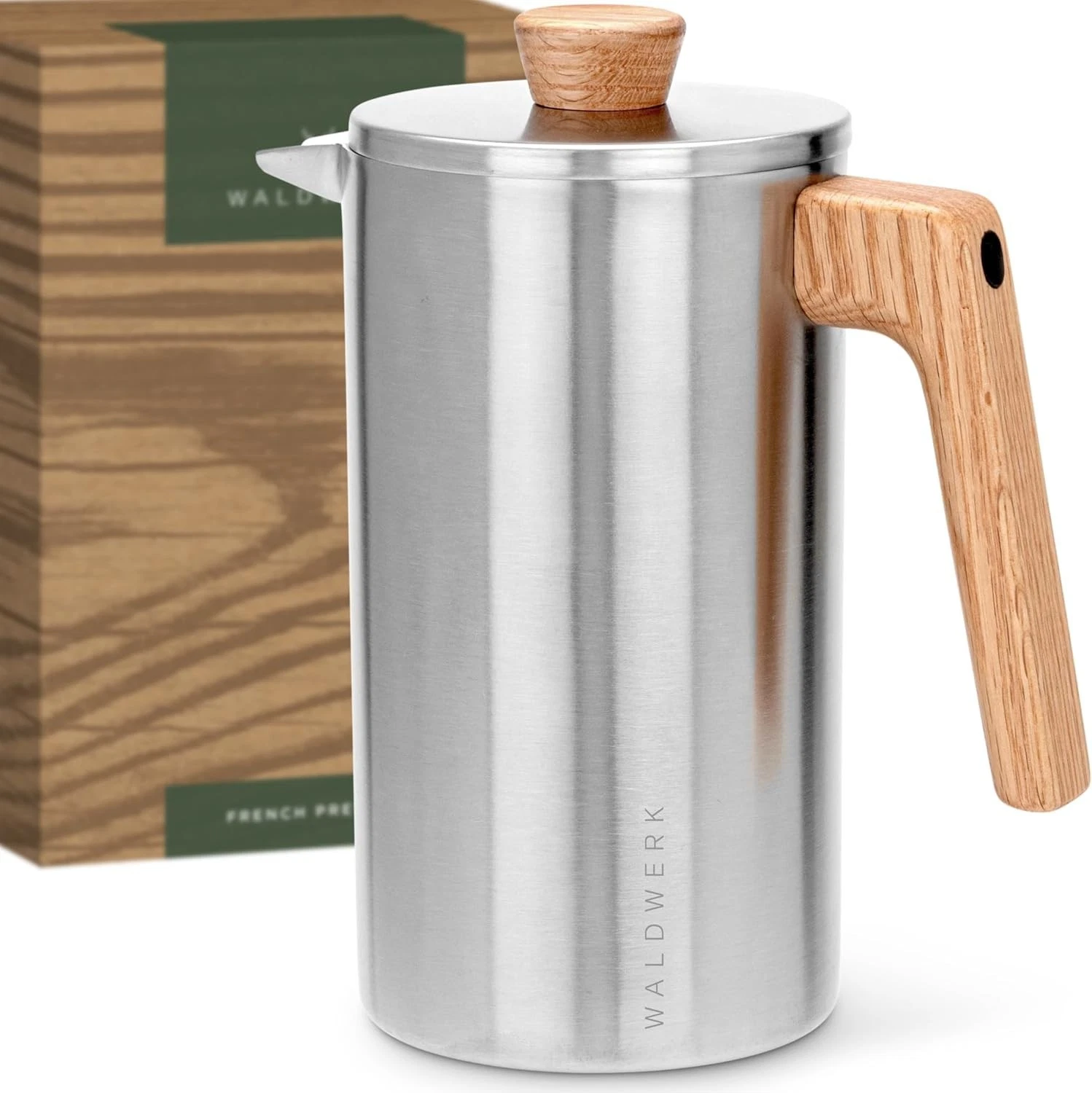 WALDWERK French Press 1L / 34 oz Stainless Steel Neapolitan Coffee Maker W/ Oak