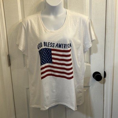 Women s 2XL God Bless America T-Shirt White Patriotic USA Flag Graphic Tee