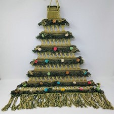VINTAGE Macram  CHRISTMAS TREE Wall Hanging Pom-Poms MCM 25" Boho Holiday Decor