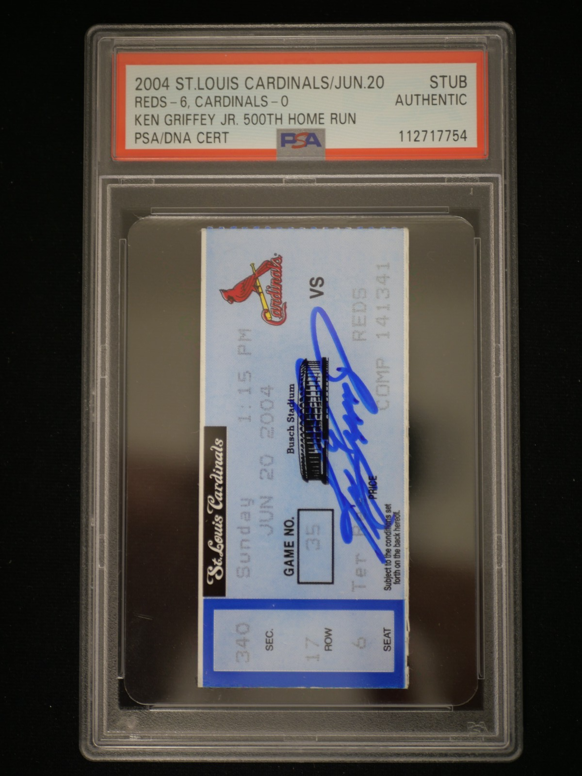 Ken Griffey Jr. Autographed Signed Cincinnati Reds KEN GRIFFEY JR TICKET STUB FROM 500TH HOME RUN GAME JUNE 20 2004 PSA COA 
