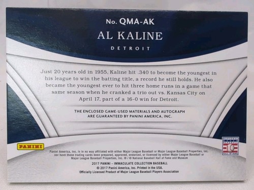 Parche de reliquia de murciélago Immaculate Al Kaline Quad 4 2017 material de firma automático/25 patio - Imagen 7 de 9