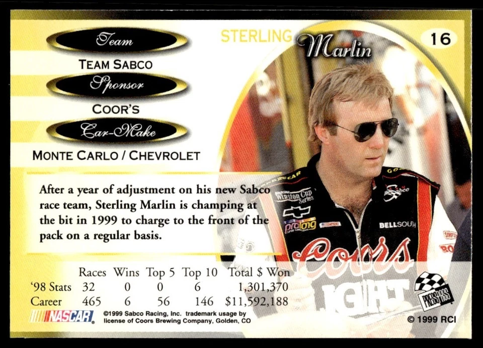 1999 Press Pass Premium Sterling Marlin #16 - Image 2 of 2