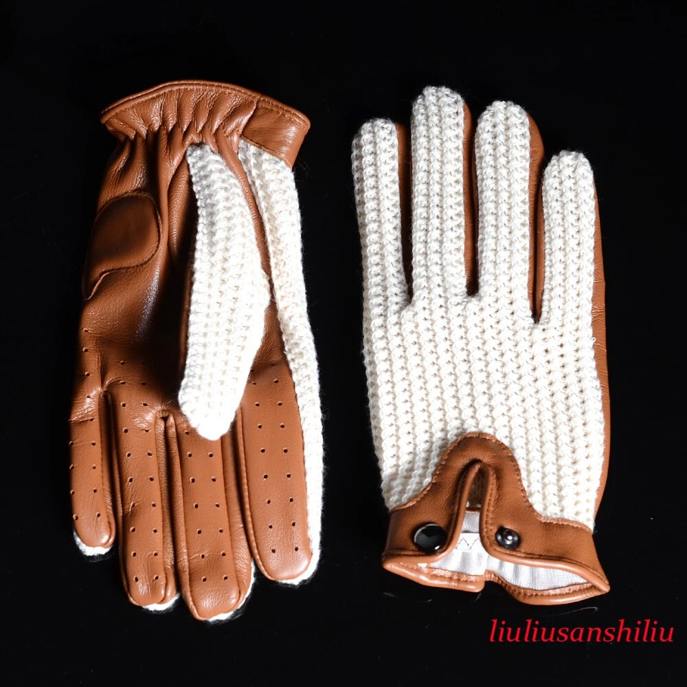 Men's 100% Real Leather Retro Unlined Driving Knitted Touch Screen Short Gloves