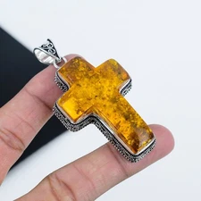 Rare Baltic Amber Cross Pendant 925 Sterling Silver Handmade Pendant For Gifts