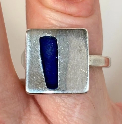 Vintage UnoAErre Italy Sterling Silver & Blue Enamel Modernist Ring Size 6.5