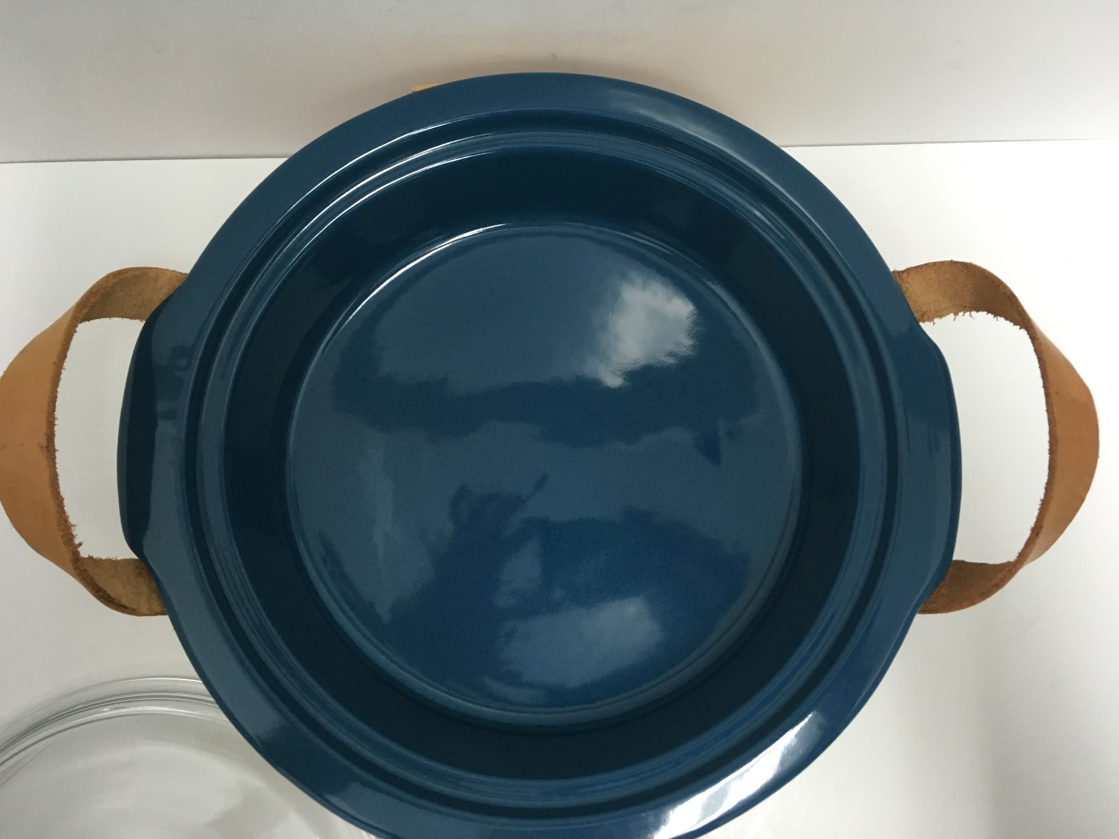 Peterboro Leather Handled Lazy Susan Basket with Blue Stoneware Casserole & Lid eBay