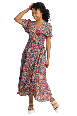 Ditsy Floral Frill Wrap Midi Dress Ladies Roman Petite Women