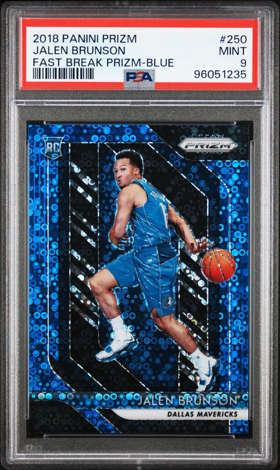 2018-19 Prizm Fast Break Jalen Brunson #250 Blue Disco RC Color Match /175 PSA 9