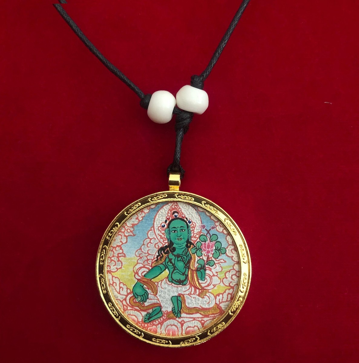 Handmade Green Tara Thangka Painting Pendant, Amulet, Necklace