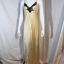 Victoria's Secret Silk Satin Long Nightgown Slip Large Gold Black Lace Back