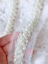 Exquisite Ivory Pearl Rhinestones Beaded Trim Beading Mesh Trim for DIY 1 Yard
