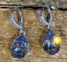 Blue Crystal Dangle Pear Lever-back Earrings (clear crystals on lever-back)