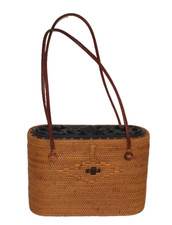 Vintage LOMBAK Indonesia woven purse with intricate wood carved lid