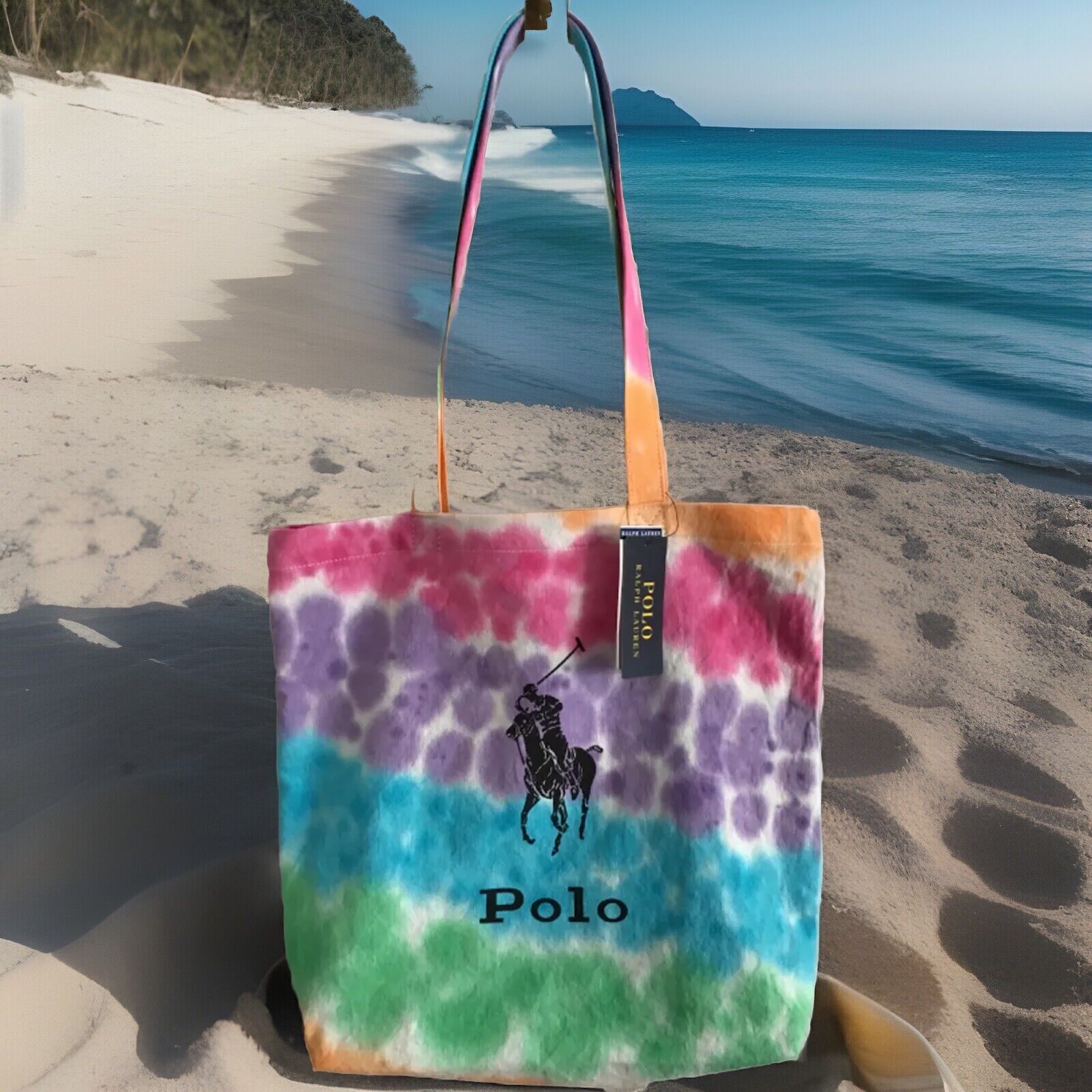 NUOVA CON ETICHETTE POLO RALPH LAUREN cotone tela tie dye 14” x 15” POLO PONY tote bag