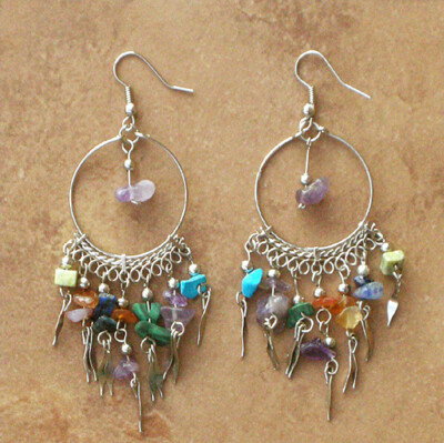 Semi-Precious Gemstone Chip Dangle Hoop Earrings Peruvian
