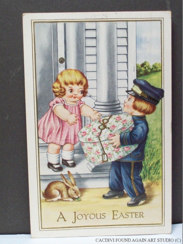 Easter Postcard Rabbit Cute Kids Mailman Messenger Boy Hatbox for Girl Gold Gilt