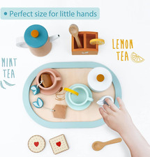 Wooden Tea Set for Little Girls, Wooden Toys Toddler Tea Set Play Kitchen Acc...
