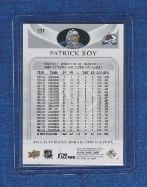 2020-21 SP Signature Edition Legends # 331 Patrick Roy - Image 2 of 2