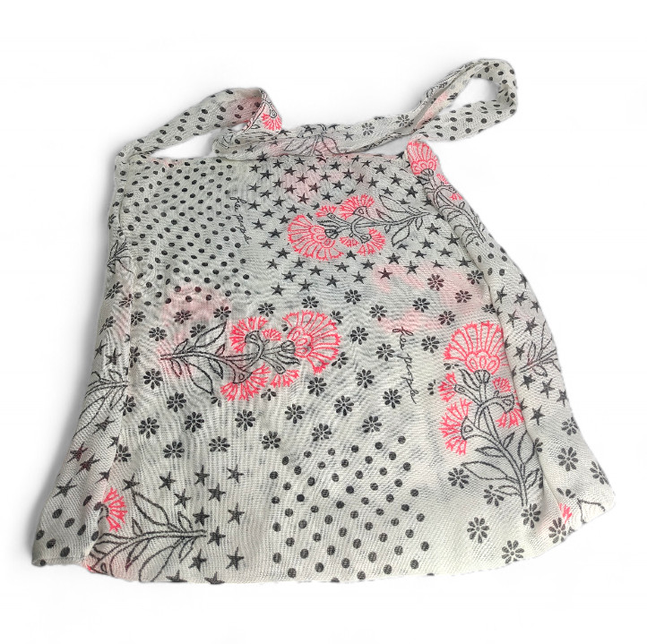 Free People Linen Tote Bag Reusable Boho Floral Stars Circles Pink Black