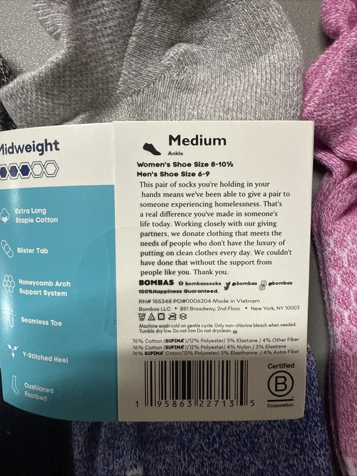 4 Pair Bombas Women's Tri-Block Marl Mixed Colors Ankle Sock Size Medium - Image 3 of 3