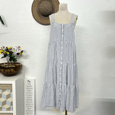 Madewell linen midi sun dress sz M coastal tiered button front thick strap beach