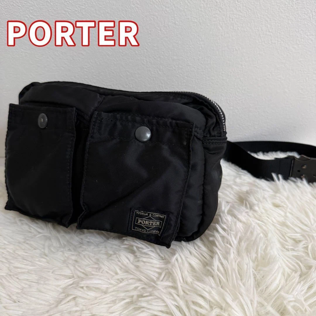 PORTER Yoshida TANKER Gürteltasche Body Bag Schwarz Nylon Orange Futter Japan Gut