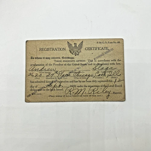 WW1 Draft Registration Certificate Card USA Military Chicago ILL 1918