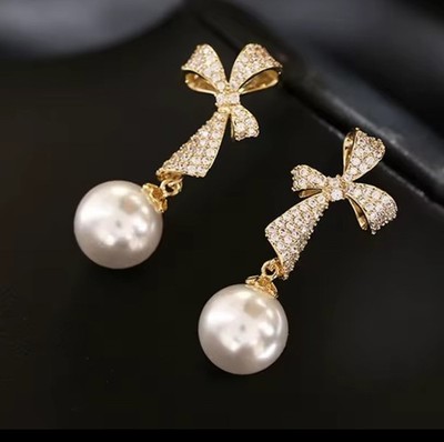 MLong Cream Pearl Clear Gold White Crystal Pageant Bridal Dangle Earrings