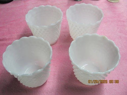 ANCHOR HOCKING FIRE KING VINTAGE MILK WHITE GLASS HOBNAIL PLANTER VASES 5" DIA.