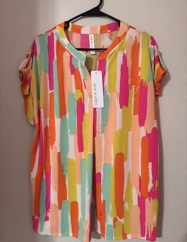 Dear Scarlett Women's XL Multicolor Abstract Short Sleeve V-Neck Pullover Blouse
