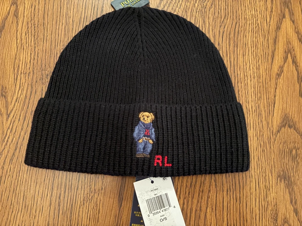 Polo Ralph Lauren Hombre Gorro, Negro Denim BearKit Puños Logo R. L. Sombrero #001 Foto 4 de 4