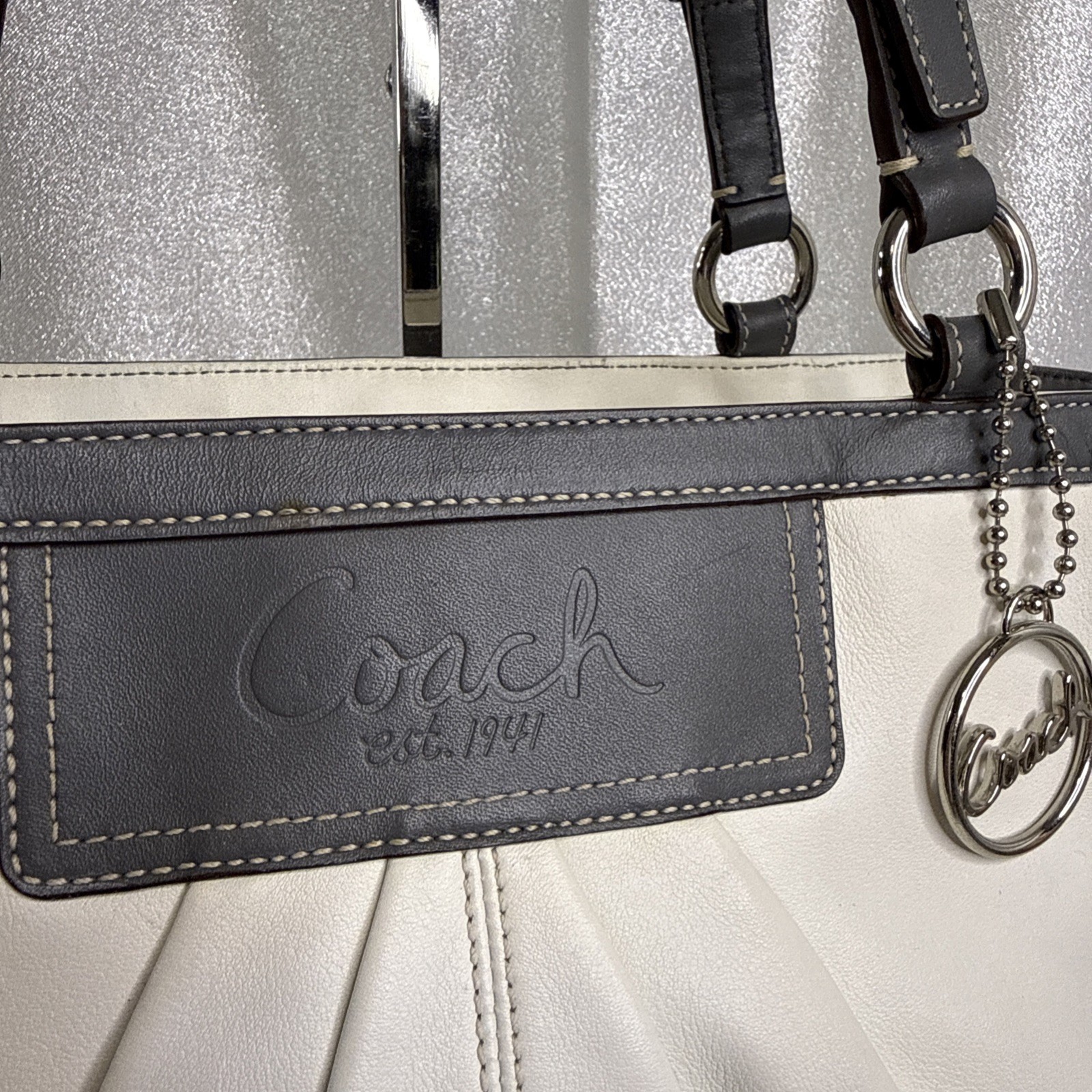 Coach East West Gallery Leather White & Grey Pleated Tote Handbag Purse